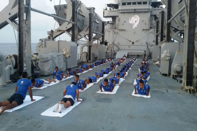 Yoga at sea, onboard INS Airavat on Yoga Day
