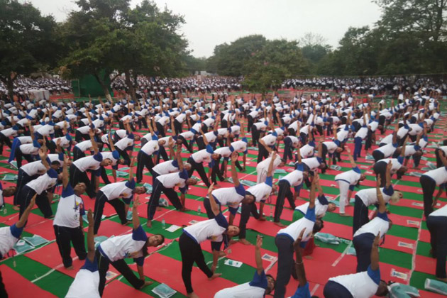 Yoga asanas being demonstrated at Yoga Day event in Chandigarh